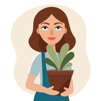 uma jovem e bela mulher segura um vaso com uma planta nas mãos jardinagem, hobbies, atividade de primavera, país, interior ilustração vetorial plana vetor