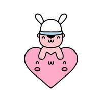 bebê kawaii com mascote de chapéu de coelho segurando amor. ilustração para adesivo e camiseta. vetor