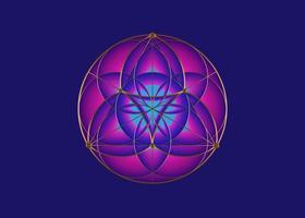 semente flor do ícone de lótus da vida, geometria sagrada da mandala yantra, símbolo dourado de harmonia e equilíbrio. talismã místico de cor roxa, vetor de linhas de ouro isolado em fundo azul