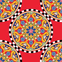 Fundo brilhante na moda sem emenda. Mandala decorativa redonda étnica colorida no teste padrão quadriculado. Ilustração vetorial vetor