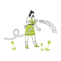 a menina rega as plantas com uma mangueira. uma jovem trabalha em uma horta ou em uma fazenda. mão desenhar ilustração em estilo cartoon. conceito de jardinagem. vetor