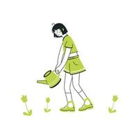 menina regando plantas com um regador. uma jovem trabalha em uma horta ou em uma fazenda. mão desenhar ilustração em estilo cartoon. conceito de jardinagem. vetor