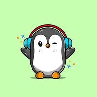 ilustração de um pinguim ouvindo música com um fone de ouvido vetor