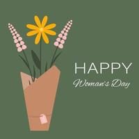 ilustração vetorial de férias modernas para celebração de 8 de março. cartão minimalista em estilo moderno. cartão de feliz dia da mulher com flores no buquê. lindas flores da primavera. vetor