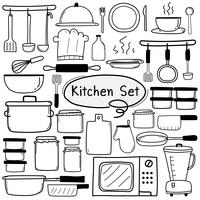 Linha mão desenhada Doodle Vector cozinha conjunto inclui equipamento de cozinha. Ilustração vetorial.