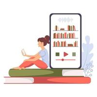 mulher lê e-book em aplicativo móvel. garota está sentada com o telefone no livro. livros de áudio. biblioteca eletrônica, livraria, livraria, amante de livros vetor