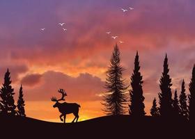 paisagem de vida selvagem com floresta de renas ao pôr do sol vetor