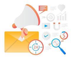 ilustração plana de e-mail marketing trabalhando 24 horas vetor