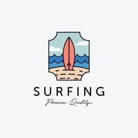 emblema do logotipo de vetor de surf de férias na praia, design vintage de esporte radical de surf, ilustração colorida do logotipo de esporte ao ar livre