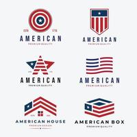 conjunto de vintage de logotipo de bandeira americana, pacote de design eua ou ilustração vetorial dos estados unidos, conceito logístico dos eua, casa minimalista americana vetor