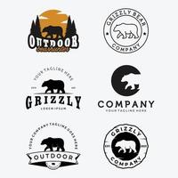 conjunto de design de vetor de logotipo de caçador de urso ambulante, pacote de emblema de urso pardo vintage e ilustração de arte de linha