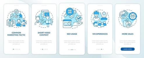 tela de aplicativo móvel onboarding azul das tendências atuais de marketing. promoção passo a passo 5 passos páginas de instruções gráficas com conceitos lineares. ui, ux, modelo de gui. uma miríade de fontes regulares pró-negrito usadas vetor