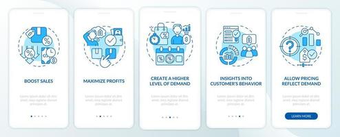 o preço dinâmico beneficia a tela azul do aplicativo móvel de integração. páginas de instruções gráficas passo a passo de alta demanda de 5 etapas com conceitos lineares. ui, ux, modelo de gui. uma miríade de fontes regulares pró-negrito usadas vetor