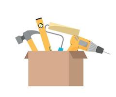 reparação de ferramentas de construção de caixa de ferramentas, construção de edifícios, broca, martelo, chave de fenda, régua, escova vetor
