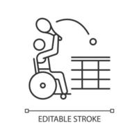 ícone linear de tênis de cadeira de rodas. tênis adaptativo. jogo de competição em equipe. atletas com deficiência. ilustração personalizável de linha fina. símbolo de contorno. desenho de contorno isolado de vetor. traço editável vetor