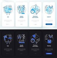 fatores de risco de artrite tela da página do aplicativo móvel de integração escura e clara. passo a passo 4 passos instruções gráficas com conceitos. modelo de vetor ui, ux, gui com ilustrações lineares de modo noturno e diurno