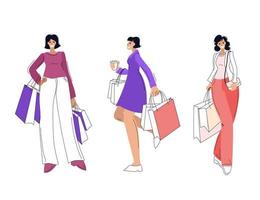 mulheres com compras em um fundo branco e isolado. ilustração vetorial. vetor