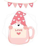 feliz valentine bonitinho cabeça de gnomo na xícara de café com carta de amor e guirlanda de bandeira de coração, vetor plano de desenho animado