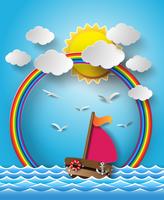 Barco à vela e nuvem com arco-íris. vetor