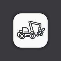 ícone de linha de colheitadeira florestal, máquina de colheita de madeira, feller buncher com rodas vetor