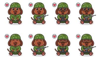 ilustração em vetor de desenho animado bonito cão sentado com fantasia de soldado.