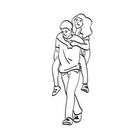 homem de arte de linha carregando sua namorada nas costas com ilustração vetorial de passeio nas costas desenhada à mão isolada no fundo branco vetor