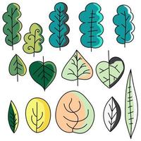 conjunto de rabiscos de outono, ilustração vetorial de desenho à mão, folhas verdes, azuis e laranja vetor