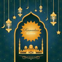 luxo ramadan kareem com mesquita dourada e lâmpada pendurada em belo padrão por design vetorial vetor