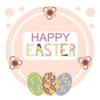 cartão de feliz páscoa com ovos decorados bonitos, flores abstratas e texto. ilustração vetorial de desenho animado vetor