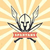espartanos, logotipo, sinal, emblema com capacete espartano, espadas cruzadas e lanças, ilustração vetorial vetor