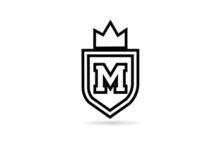 logotipo de ícone de letra do alfabeto m preto e branco com design de linha de escudo e coroa do rei. modelo criativo para negócios e empresa vetor