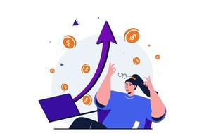 conceito plano moderno de crescimento de negócios para design de banner web. mulher feliz vê salto financeiro e aumento no lucro. desenvolvimento e investimentos rentáveis. ilustração vetorial com cena de pessoas isoladas vetor