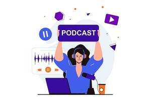 podcast transmitindo conceito plano moderno para design de banner na web. mulher em fones de ouvido grava podcast de áudio e trabalha no laptop em estúdio. DJ trabalha no rádio. ilustração vetorial com cena de pessoas isoladas vetor