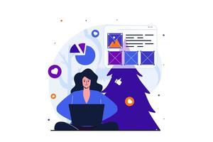 conceito plano moderno de trabalho freelance para design de banner web. mulher designer analisa dados e desenvolve layout de site usando laptop, trabalhando remotamente. ilustração vetorial com cena de pessoas isoladas vetor