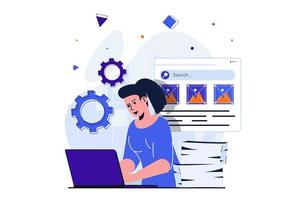 conceito plano moderno de trabalho de escritório para design de banner web. funcionária mulher trabalha no laptop, configurações e fluxo de trabalho otimizado, faz papelada, tarefas concluídas. ilustração vetorial com cena de pessoas isoladas vetor