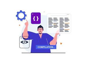 programador trabalhando conceito plano moderno para web banner design. desenvolvedor trabalha em parte do projeto, códigos e programas, melhora e customiza programas. ilustração vetorial com cena de pessoas isoladas vetor
