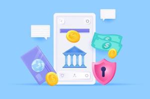 mobile banking na ilustração 3d do conceito de aplicativo. composição de ícones com tela do smartphone, dinheiro em espécie e moedas, cartão de crédito, acesso seguro à conta bancária. ilustração vetorial para web design moderno vetor