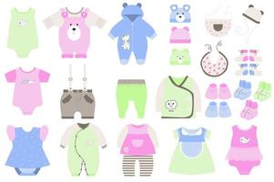 roupas de bebê fofo e sapatos definidos em design de desenho animado plano. guarda-roupa infantil para menino e menina infantil. bodysuits, vestidos, macacões, camisas, calças, chapéus e outros elementos isolados. ilustração vetorial vetor