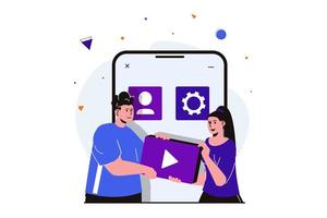 conceito plano moderno de trabalho em equipe para design de banner web. homem e mulher criam interface de aplicativo móvel, discutem tarefas e colaboram juntos no projeto. ilustração vetorial com cena de pessoas isoladas vetor