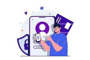 conceito plano moderno de pagamento seguro para design de banner web. homem faz login na conta bancária online usando senha e verificando a pessoa com impressão digital no aplicativo. ilustração vetorial com cena de pessoas isoladas vetor