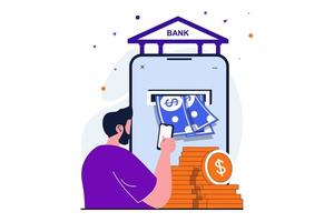 conceito plano moderno de banco móvel para design de banner web. homem paga contas com transferência de dinheiro e cheques usando o aplicativo. gestão de transações financeiras. ilustração vetorial com cena de pessoas isoladas vetor