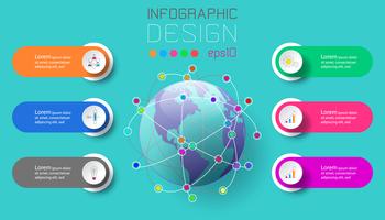 Seis rótulos com ícone de negócios e mapa-múndi no centro infográficos. vetor