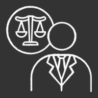 advogado giz ícone branco sobre fundo preto. advogado. advogado. representante legal. tribunal. legislativo, aplicação da lei. justiça. assistência legal. ilustração de quadro-negro vetorial isolado vetor
