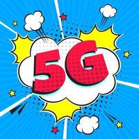 5g novo wireless internet wi-fi conexão estilo cômico discurso bolha texto de exclamação 5g estilo plano design ilustração em vetor isolada no fundo de raios. novo ícone de sinal de 5g de internet móvel no balão.