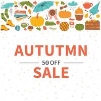 banner de venda de outono com elementos de outono - guarda-chuva, abóbora, meias, livros, cachecol. ilustração vetorial. vetor