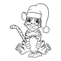 tigre no chapéu de Papai Noel com doces de chocolate. símbolo do ano novo de acordo com o calendário chinês ou oriental. contorno para colorir. ilustração vetorial editável, estilo cartoon vetor