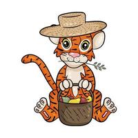 tigre de chapéu de palha com cesta de frutas. o símbolo do ano novo de acordo com o calendário chinês ou oriental. ilustração vetorial editável, estilo cartoon vetor