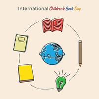 design do dia internacional do livro infantil com ferramenta de educação voadora ao redor da terra. vetor