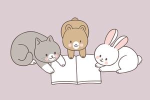 Vetor bonito do livro de leitura dos animais dos desenhos animados.