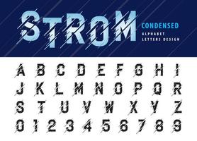 fontes de letras condensadas de falha moderna, letras e números do alfabeto de tempestade em movimento vetor